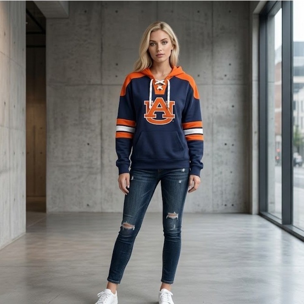 Colosseum Auburn Tigers Womens Hoodie L Navy Orange Lace Up Hockey Style V-Neck